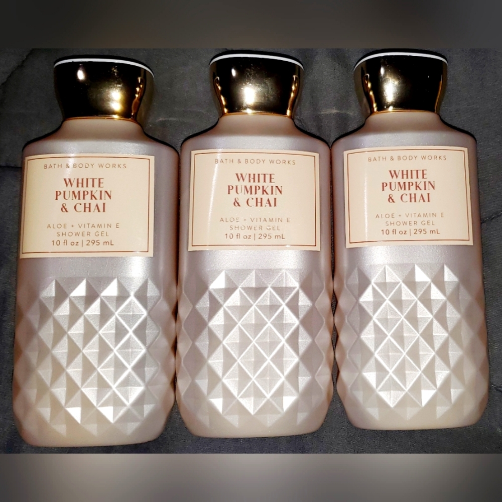 3 New Bath & Body Works White Pumpkin & Chai 10 oz. Shower Gel.